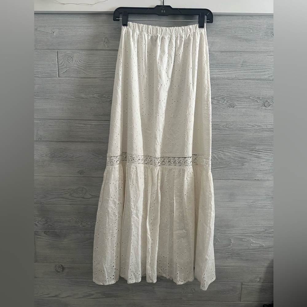 White Tiered Maxi A-Line Skirt ruffle eyelet maxi skirt Resort Wear Cottagecore